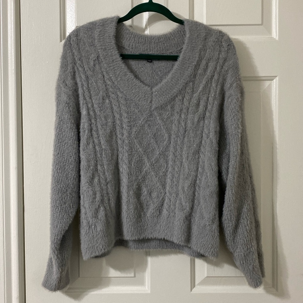 Light grey eyelash argyle cropped sweater - crop length meets the top of pants